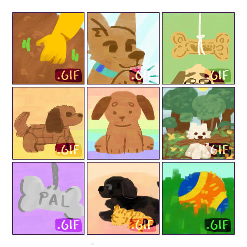 A 3 by 3 grid of little square drawings themed around dogs, with all but the center image labeled as “.GIF” in their bottom right corners. From top to bottom & left to right, the pictures are: A yellow hand petting brown fur; A tan dog putting one paw up and sticking its tongue out; A dog biscuit dangling on a string above a begging dog; A little brown dog plushie; A cute brown dog plushie against a rainbow background (the only non-GIF); A little white dog in front of trees holding a big branch in its mouth; A dangling metal dog tag reading “PAL”; A bigger black dog laying down with a tiny orange tabby kitten curled up against it; An orange and blue tennis ball laying in the grass. 